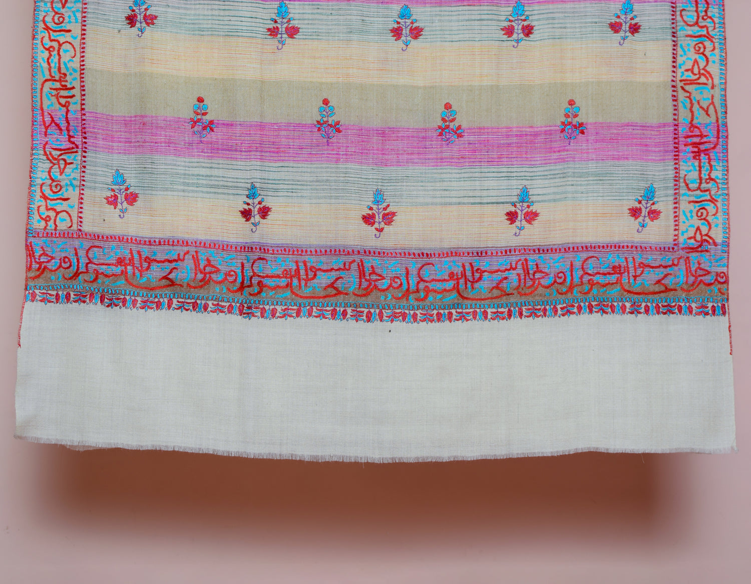 Natural Cream Handwoven Arabic calligraphy Embroidered Cashmere Pashmina Shawl - Kashmir Box