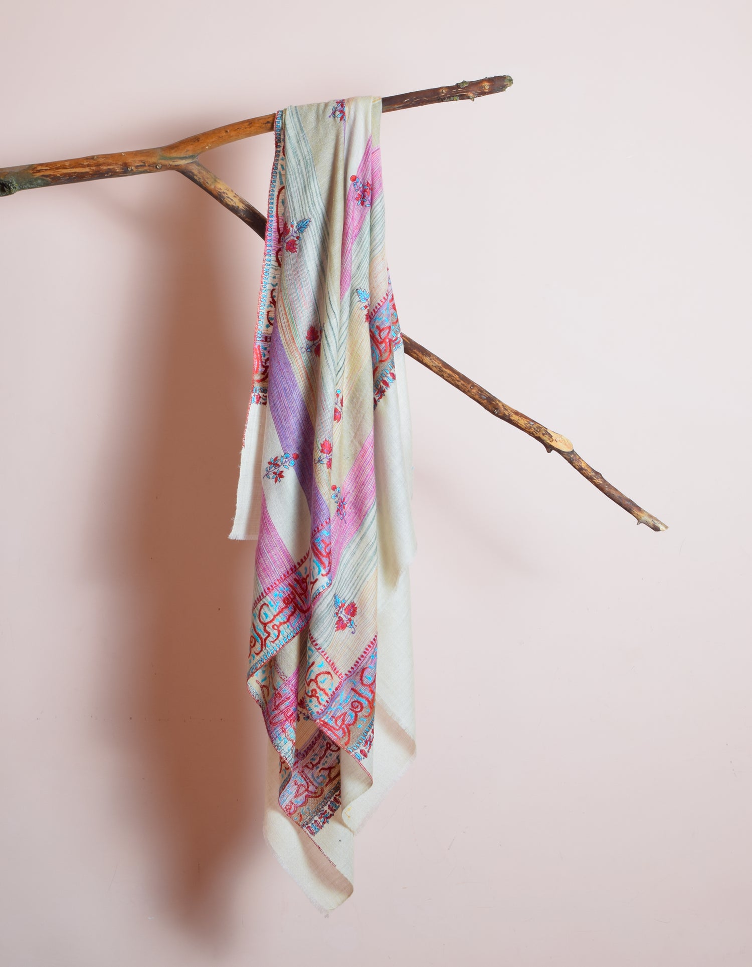 Natural Cream Handwoven Arabic calligraphy Embroidered Cashmere Pashmina Shawl - Kashmir Box