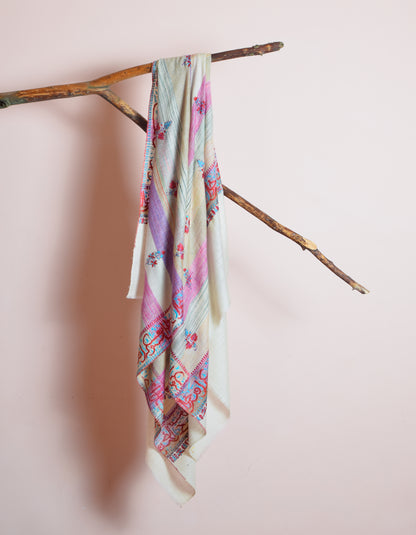 Natural Cream Handwoven Arabic calligraphy Embroidered Cashmere Pashmina Shawl - Kashmir Box