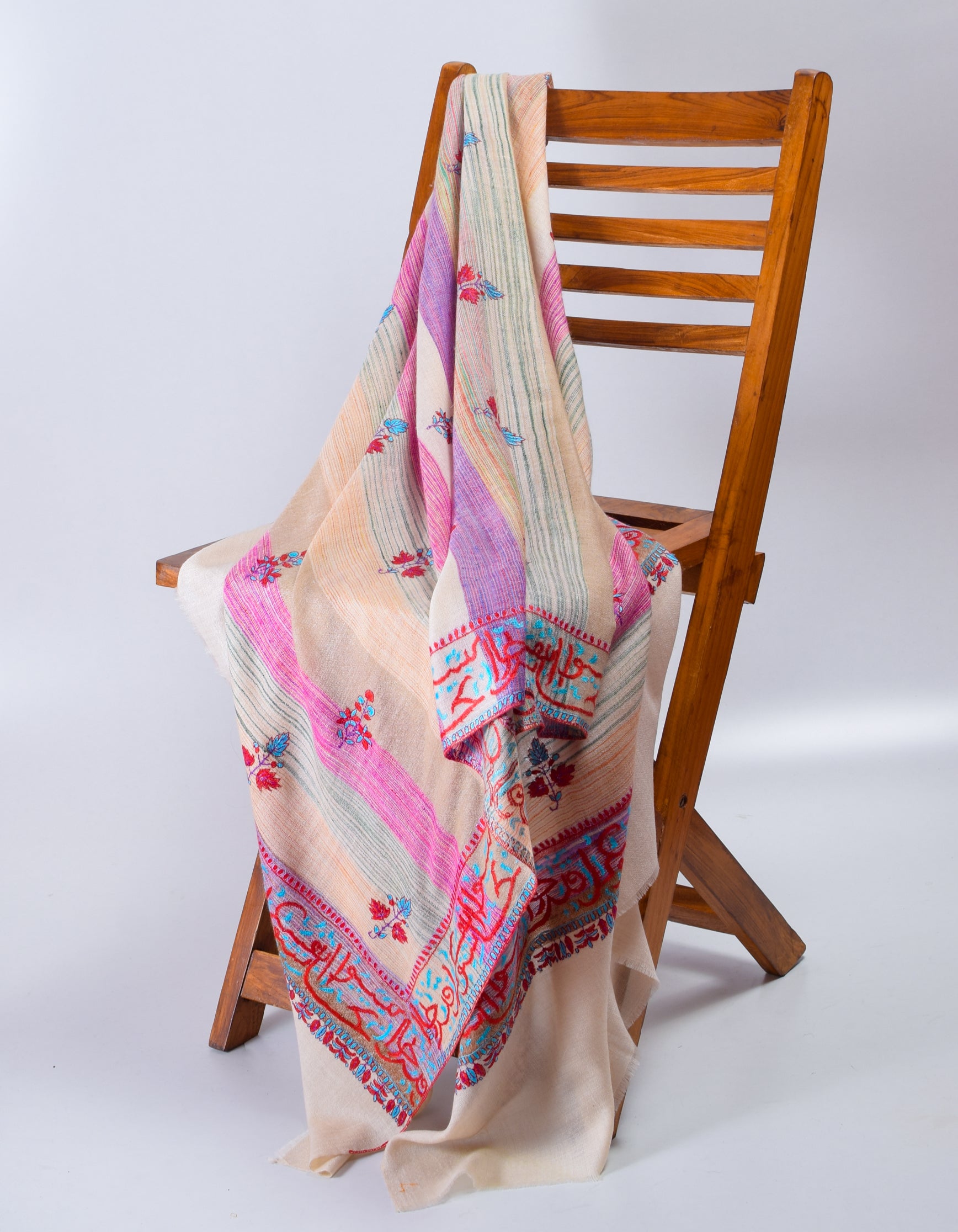 Natural Cream Handwoven Arabic calligraphy Embroidered Cashmere Pashmina Shawl - Kashmir Box