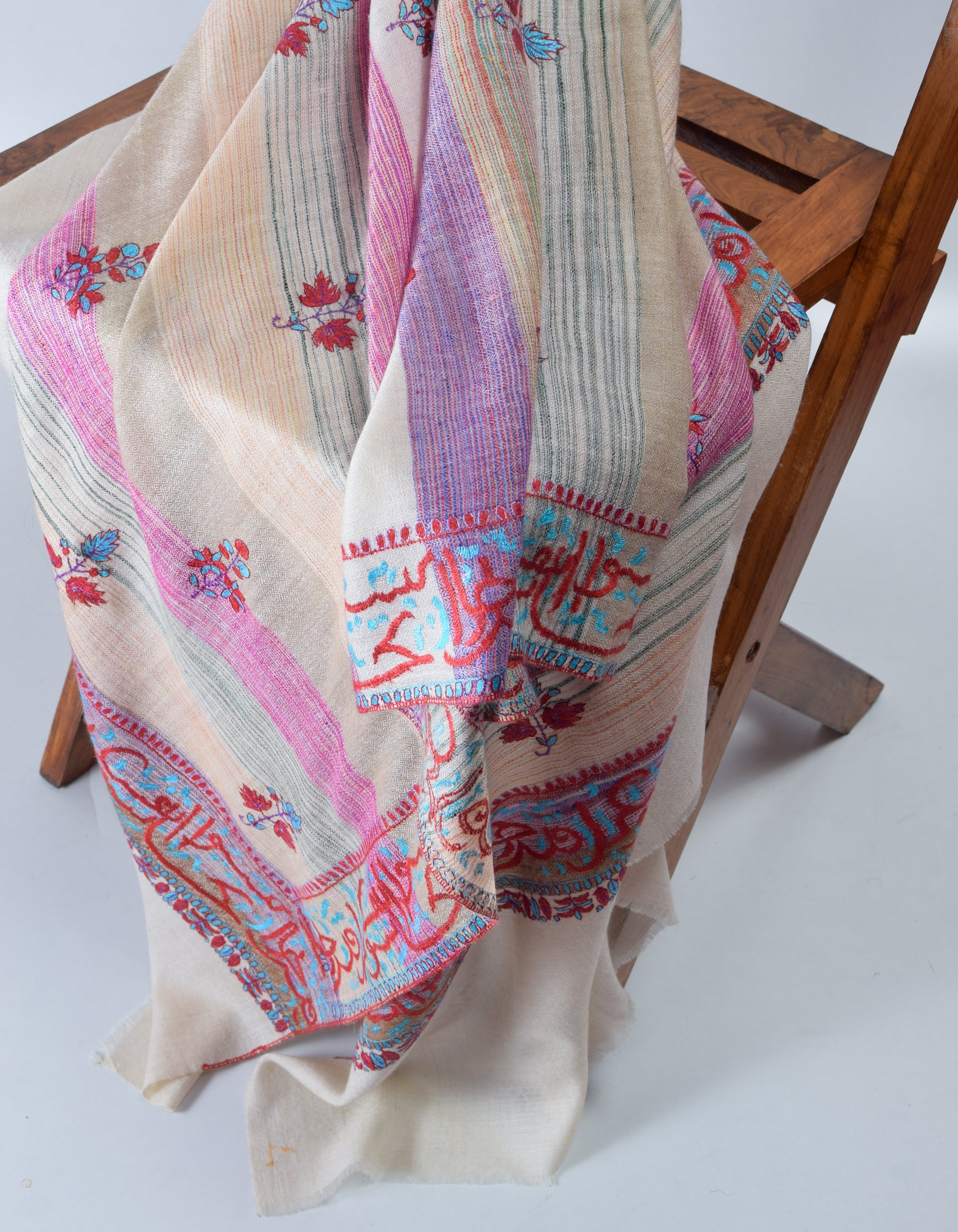 Natural Cream Handwoven Arabic calligraphy Embroidered Cashmere Pashmina Shawl - Kashmir Box