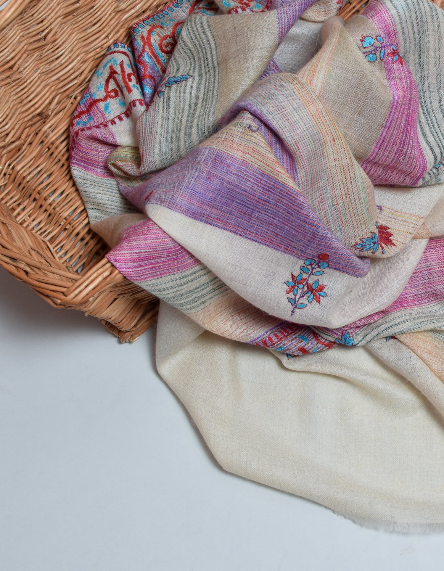 Natural Cream Handwoven Arabic calligraphy Embroidered Cashmere Pashmina Shawl - Kashmir Box