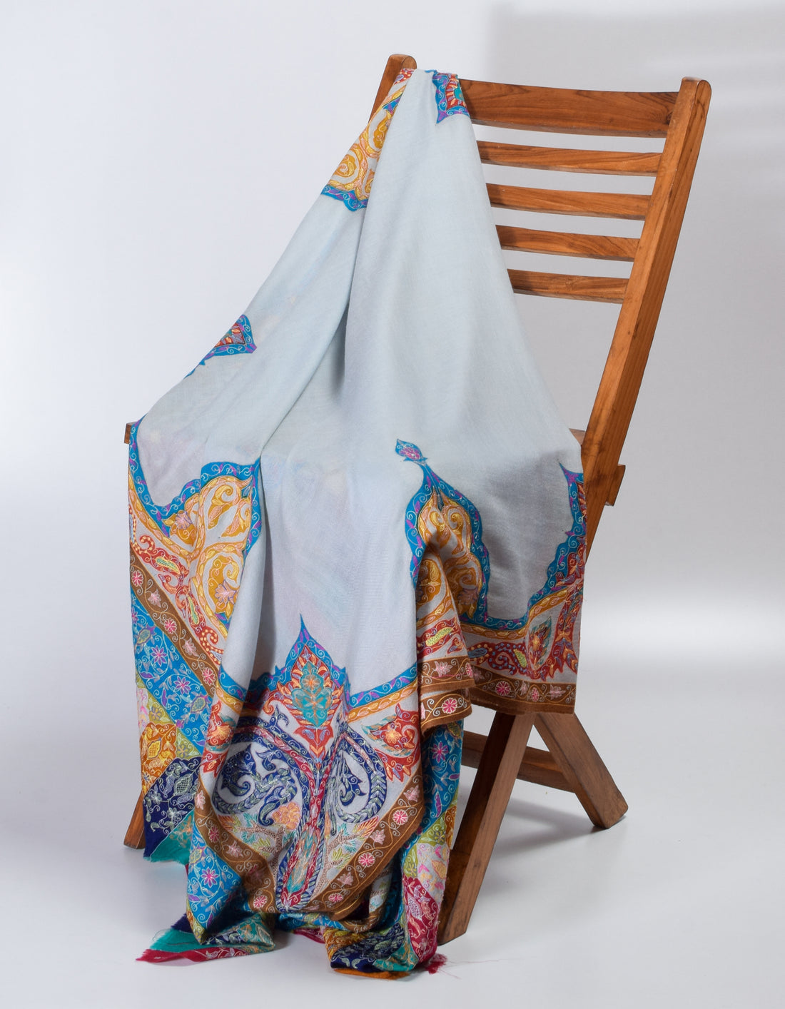 Light Blue-Grey Handwoven Multicolour Kalamkari Sozni Embroidered Cashmere Pashmina Shawl - Kashmir Box