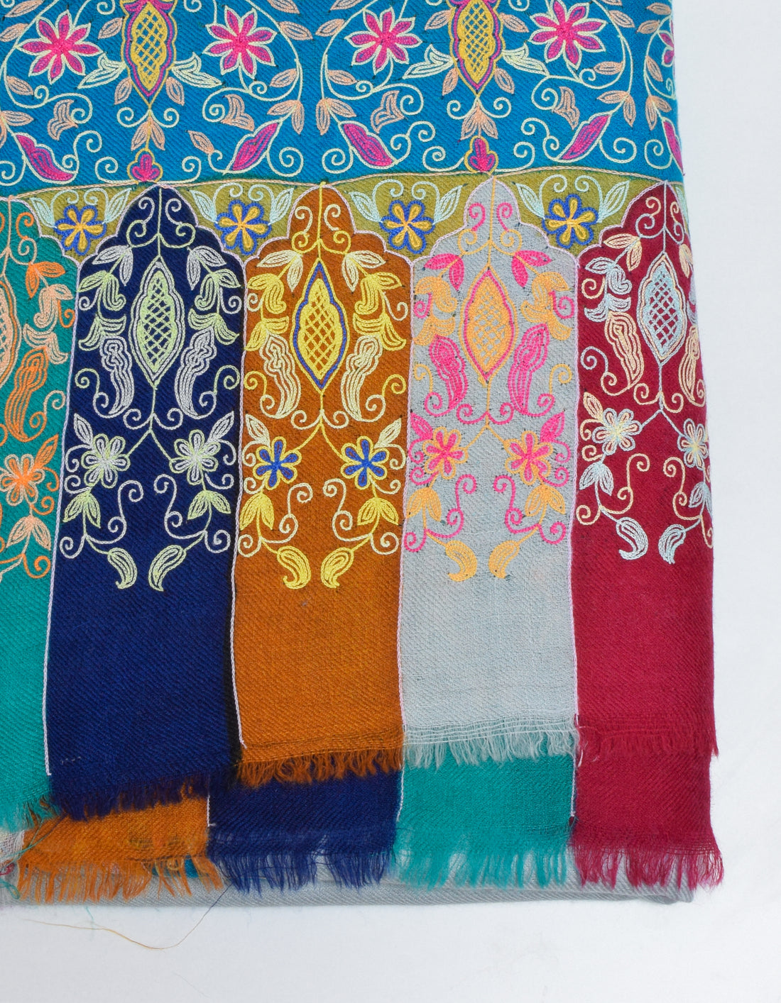 Light Blue-Grey Handwoven Multicolour Kalamkari Sozni Embroidered Cashmere Pashmina Shawl - Kashmir Box