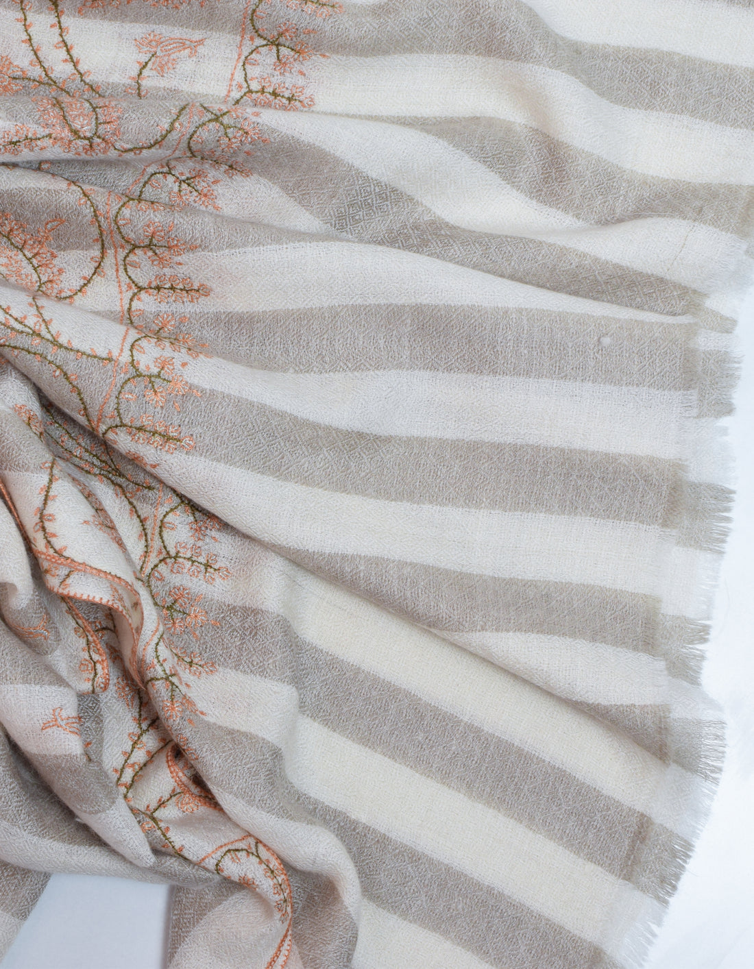 Natural Cream n Grey Stripes Handwoven Sozni Embroidered Cashmere Pashmina Stole - Kashmir Box