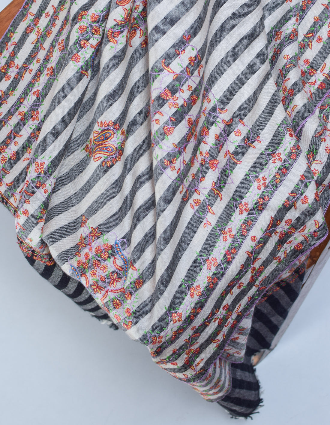 Modern Black n White Stripes Handwoven Embroidered Cashmere Pashmina Stole - Kashmir Box