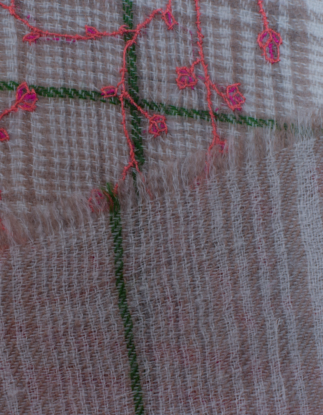 Cream Brown Check stripes Handwoven Sozni Embroidered Cashmere Pashmina Stole - Kashmir Box