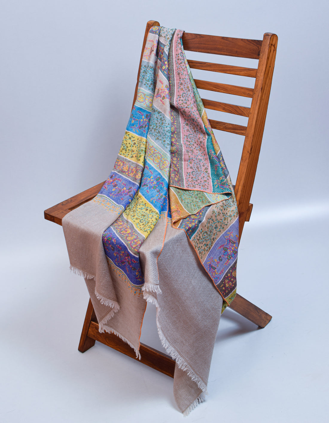 Modern Toned Handwoven Sozni Embroidered Pashmina Stripes Stole - Kashmir Box