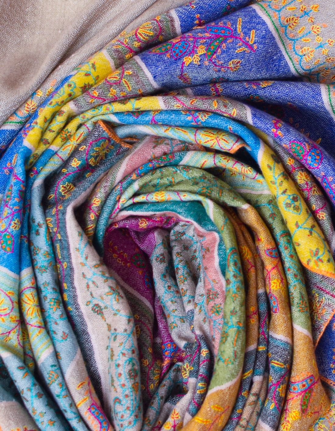 Modern Toned Handwoven Sozni Embroidered Pashmina Stripes Stole - Kashmir Box