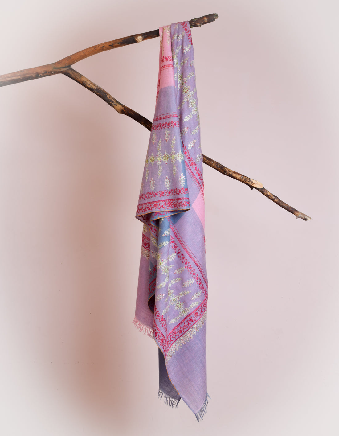 Modern Sozni Embroidered Handwoven Pink-Grey Pashmina Stole - Kashmir Box