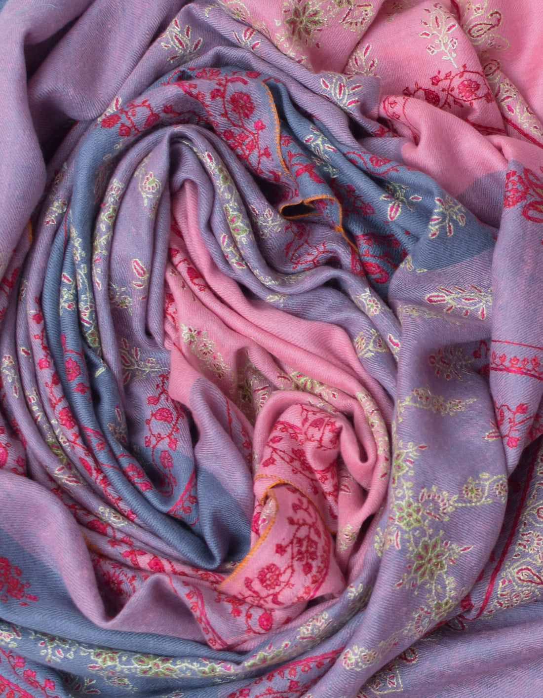 Modern Sozni Embroidered Handwoven Pink-Grey Pashmina Stole - Kashmir Box