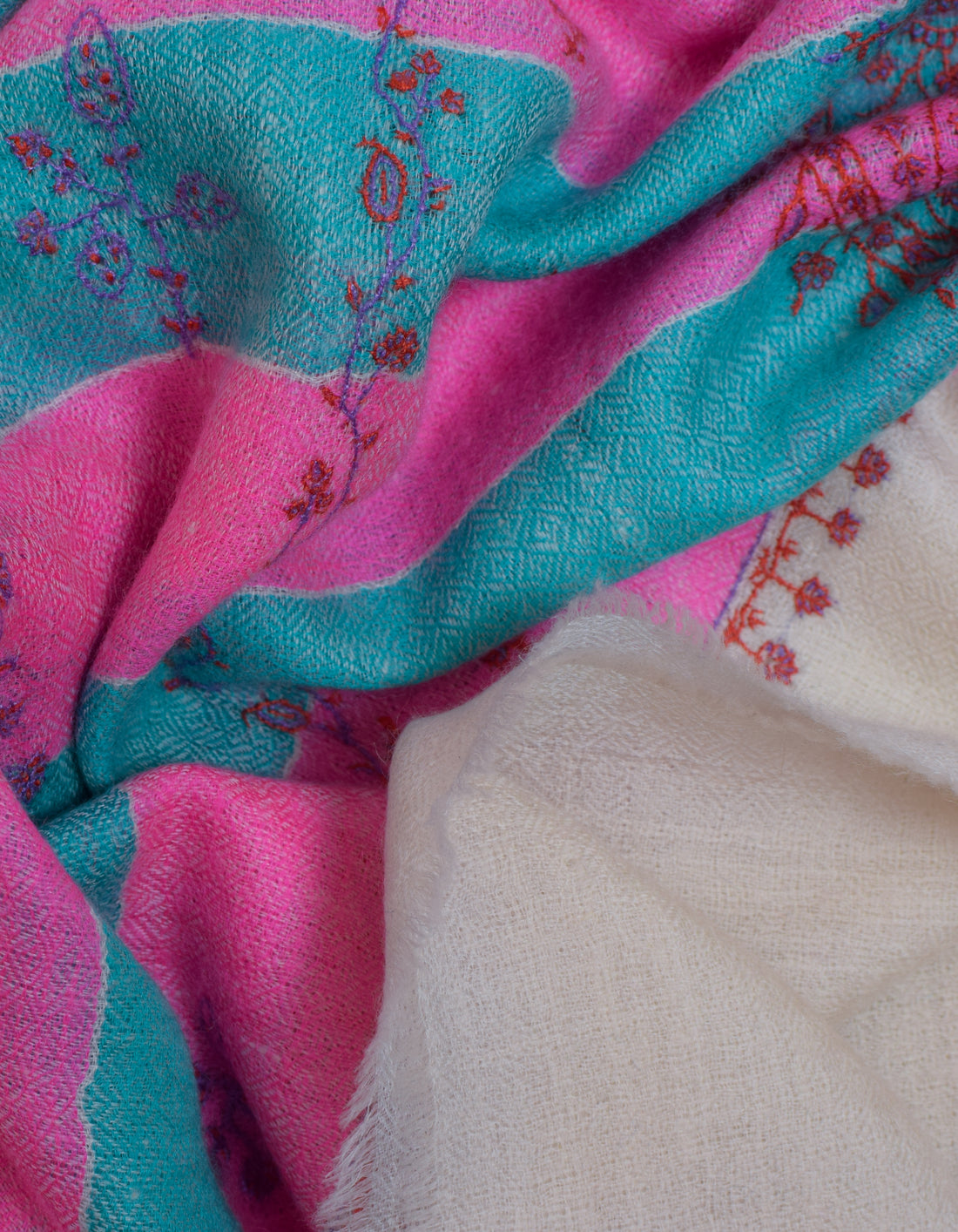 Cream Handwoven Dual Pattern Embroidered Cashmere Pashmina Stole - Kashmir Box