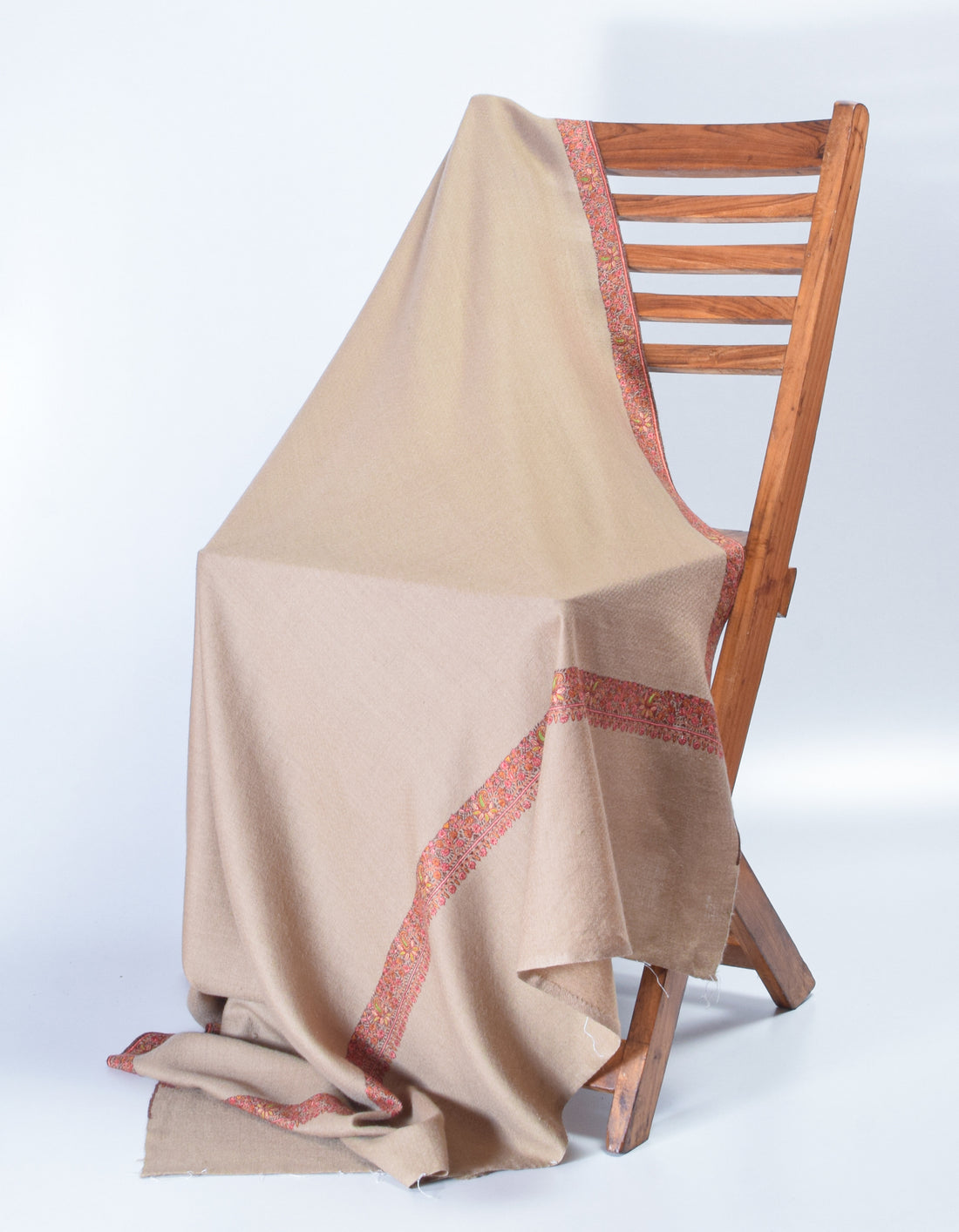 Light Sand Brown Handwoven Sozni Border Embroidered Cashmere Pashmina Shawl - Kashmir Box