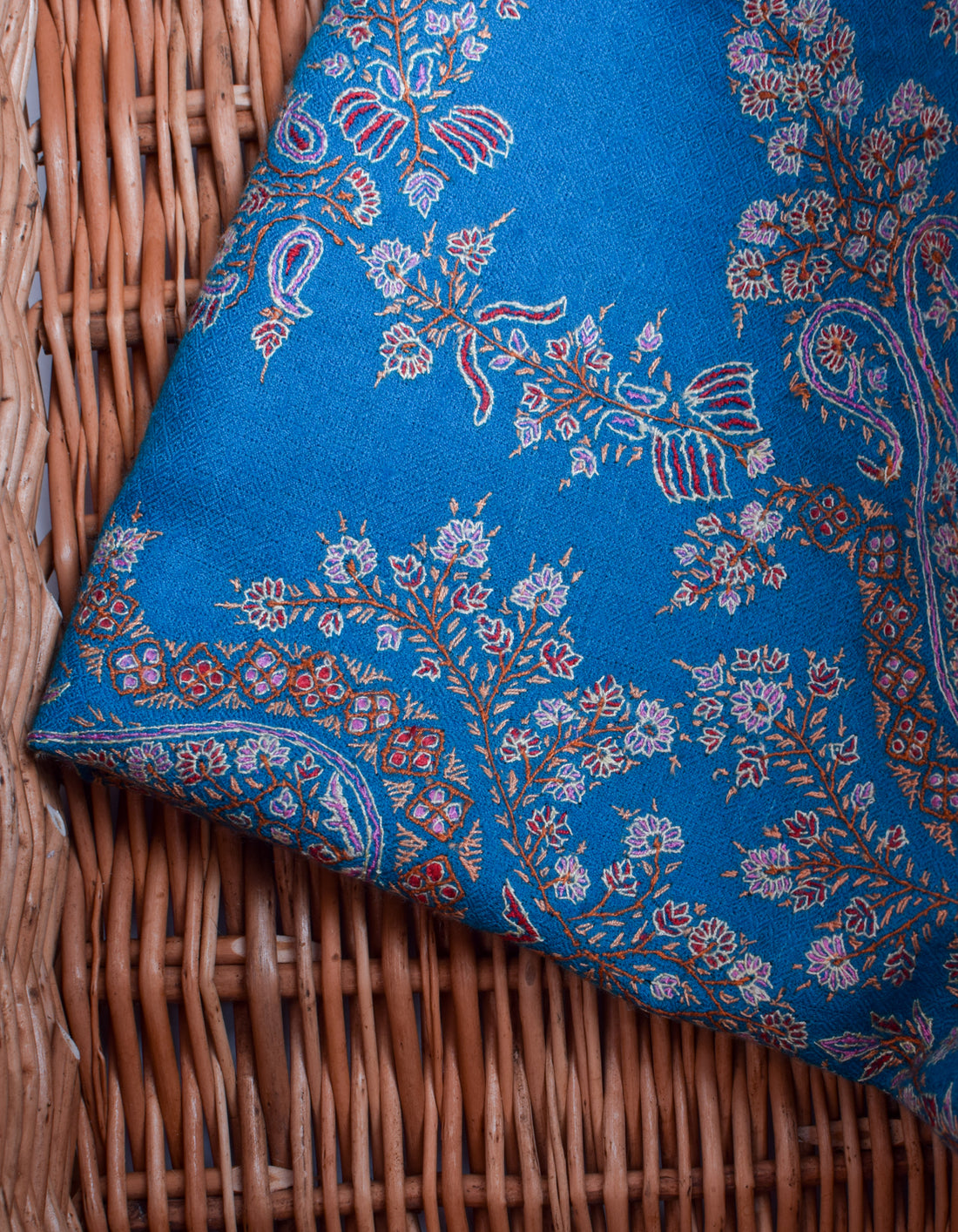 Deep Sky Handwoven Sozni Palla Embroidered Cashmere Pashmina Stole - Kashmir Box