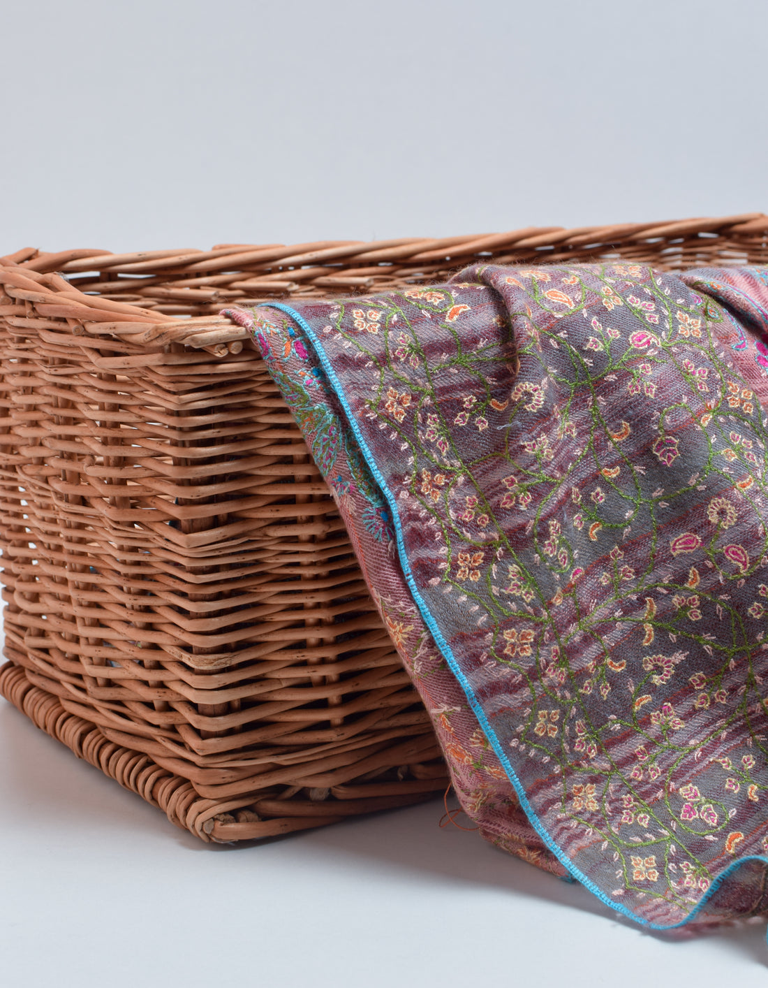 Modern Grey Pink Stripes Handwoven Sozni Embroidered Cashmere Pashmina Stole - Kashmir Box