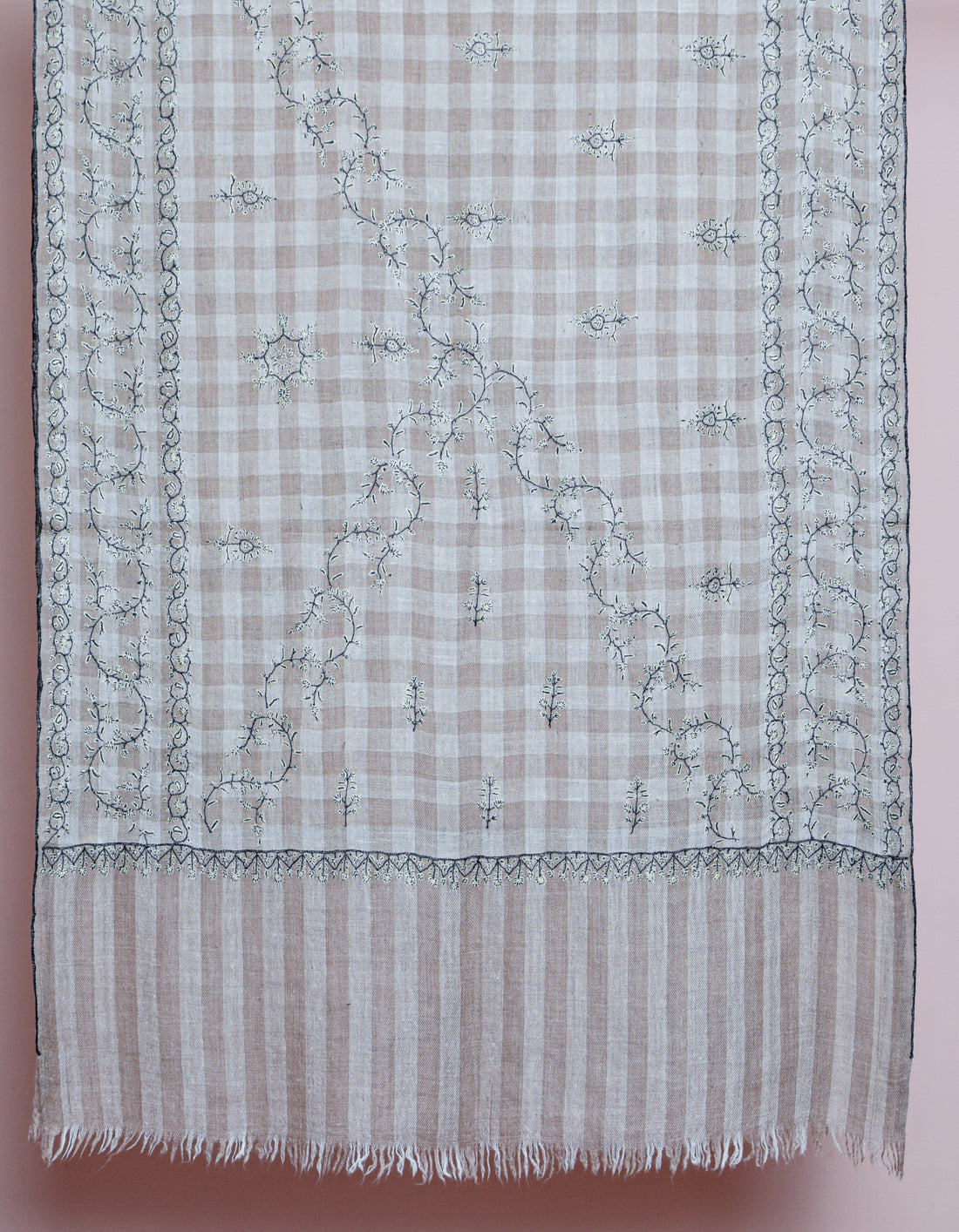 Modern Cream Cavern Brown Check Handwoven Sozni Embroidered Cashmere Pashmina Stole - Kashmir Box