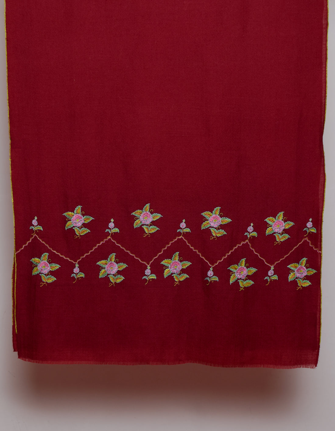 Deep Maroon Handwoven Border Palla Embroidered Cashmere Pashmina Stole - Kashmir Box