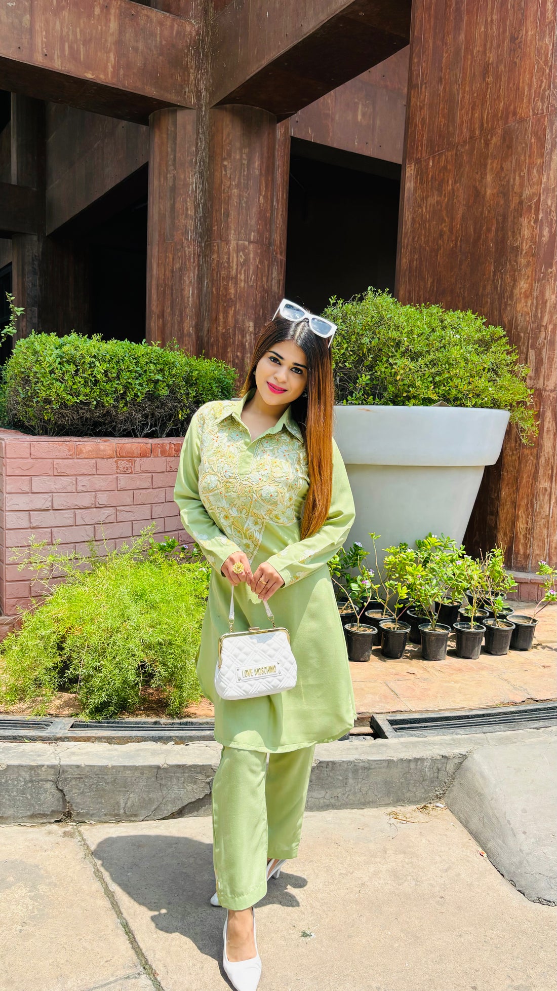 Soft Green Aari Work Cotton Co-ord Set - Kashmir Box