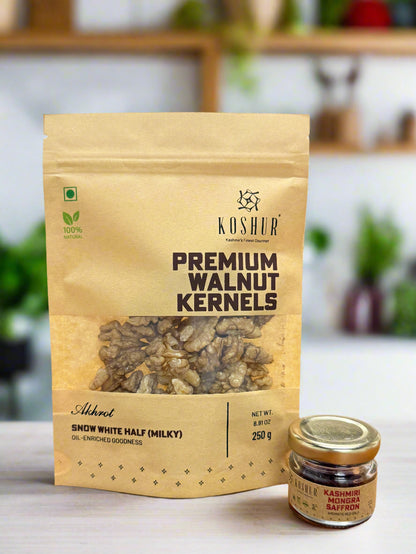 Koshur Walnut Kernels Snow White Half (Milky) and Mongra Saffron Combo - Kashmir Box