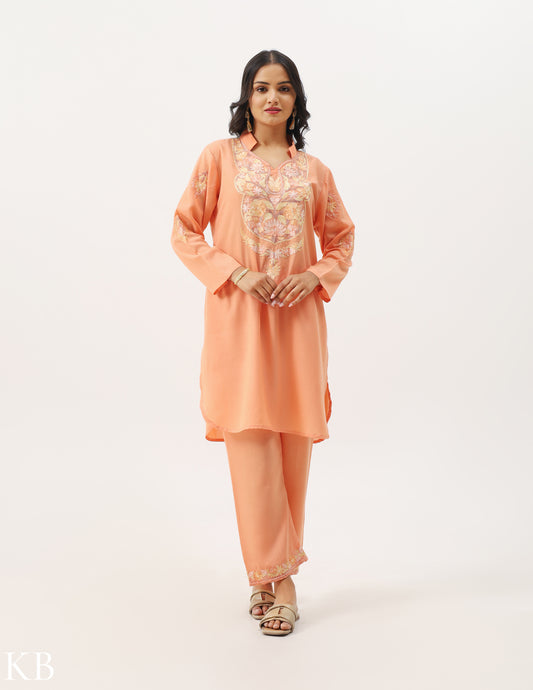 Peach Cotton Embroidered Co-ord set - Kashmir Box