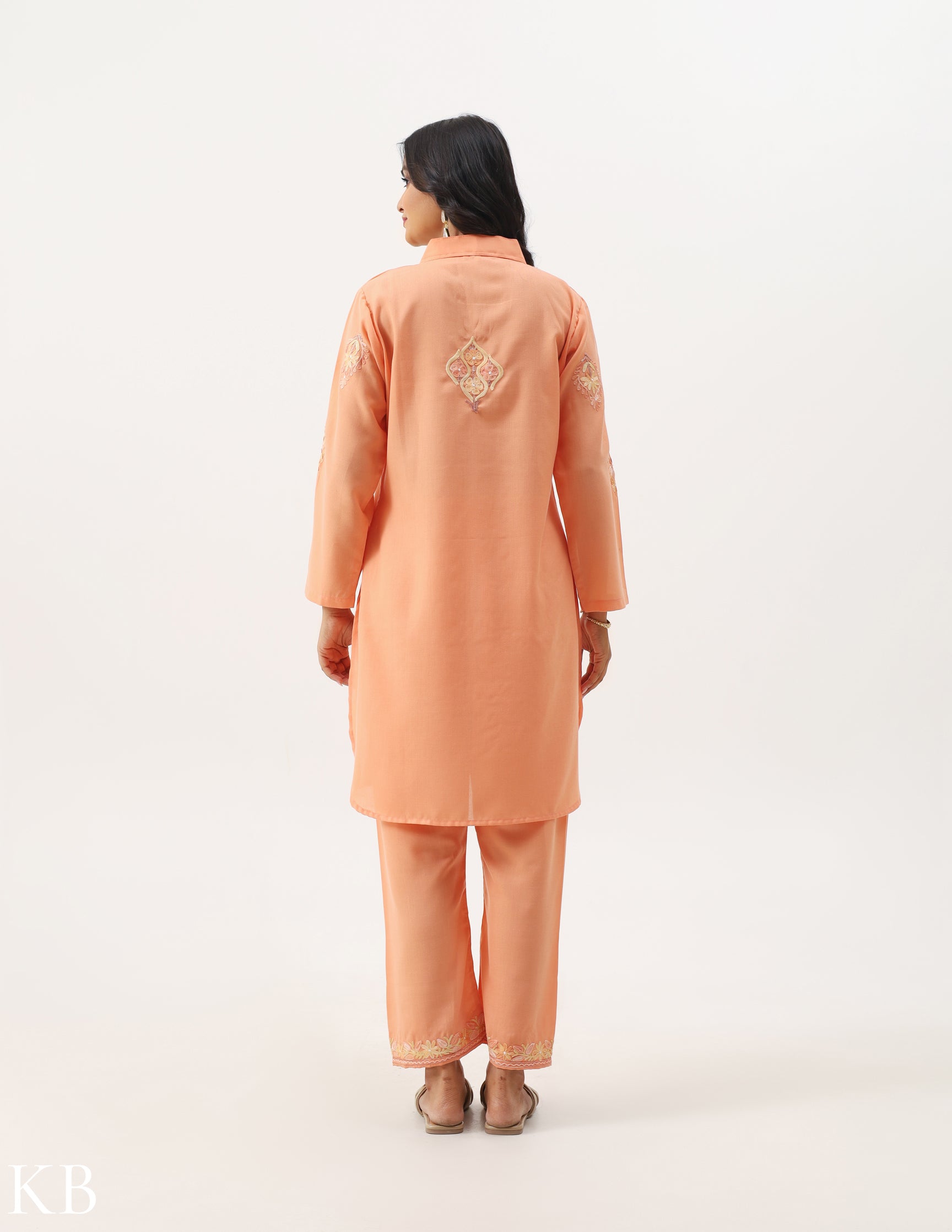 Peach Cotton Embroidered Co-ord set - Kashmir Box