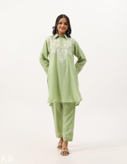 Soft Green Aari Work Cotton Co-ord Set - Kashmir Box