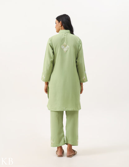 Soft Green Aari Work Cotton Co-ord Set - Kashmir Box