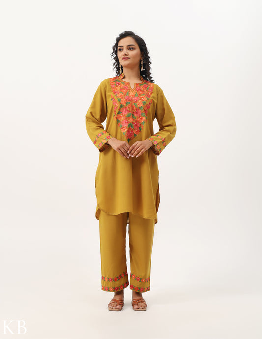 Mustard Yellow Cotton Embroidered Co-ord Set - Kashmir Box