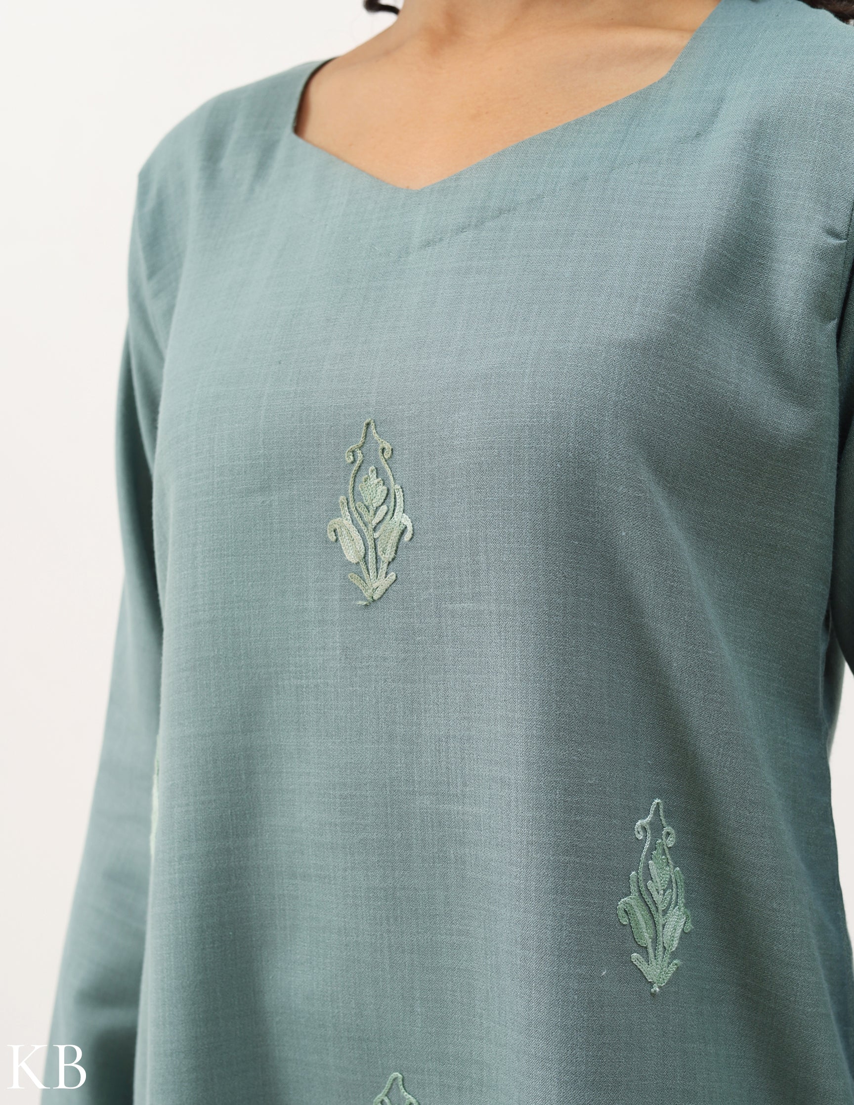 Coin Grey Cotton Aari Embroidered Co-ord Set - Kashmir Box