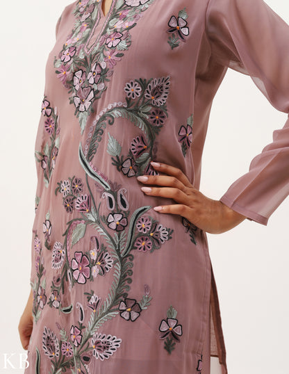 Rosy Brown Embroidered Three-piece Georgette  Suit - Kashmir Box