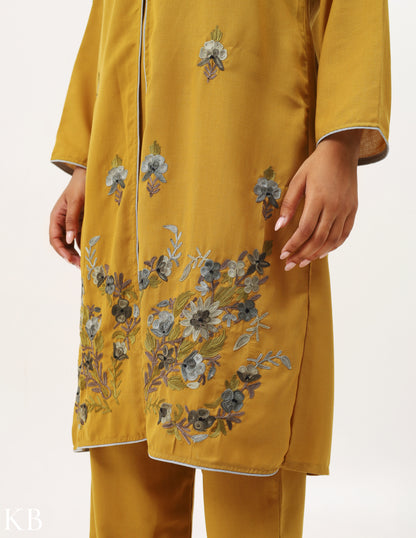 Amber Yellow Embroidered Jacket Co-ord Set - Kashmir Box
