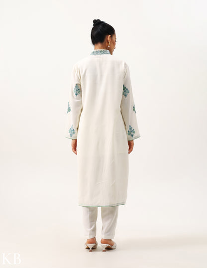 Creamy White Embroidered Jacket Co-ord Set - Kashmir Box