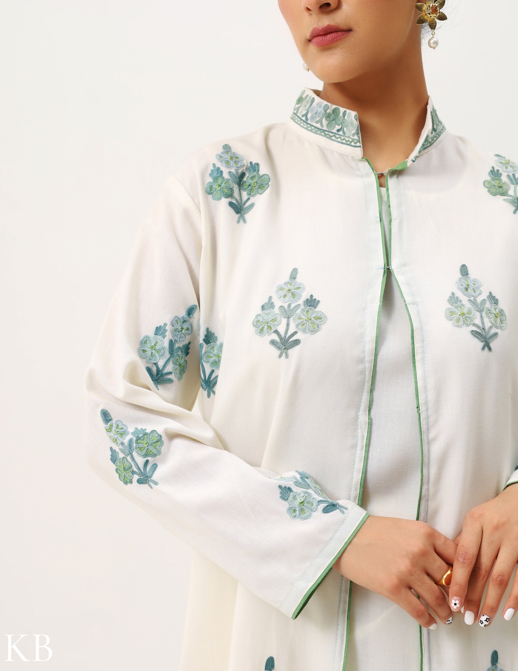 Creamy White Embroidered Jacket Co-ord Set - Kashmir Box