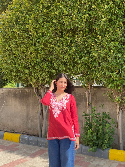 Blush Aari Embroidery Maroon Cotton Top - Kashmir Box