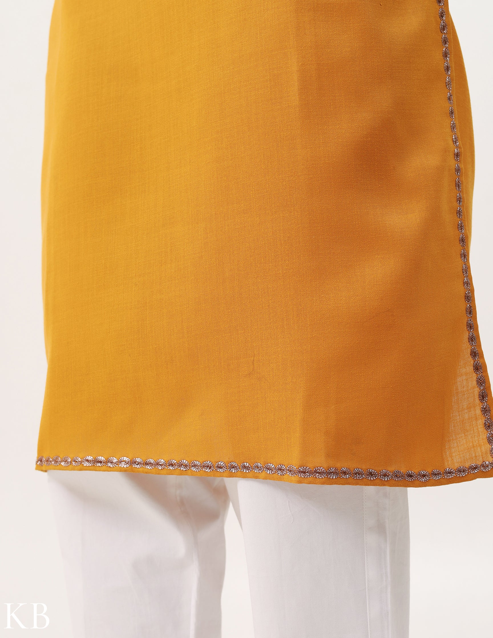 Mustard Yellow Tilla Embroidered Cotton Kurti - Kashmir Box