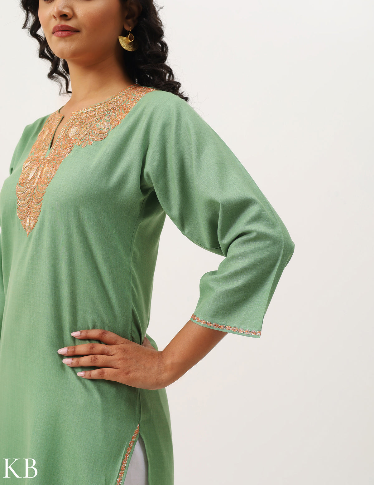 Seafoam Green Tilla Embroidered Cotton Kurti - Kashmir Box