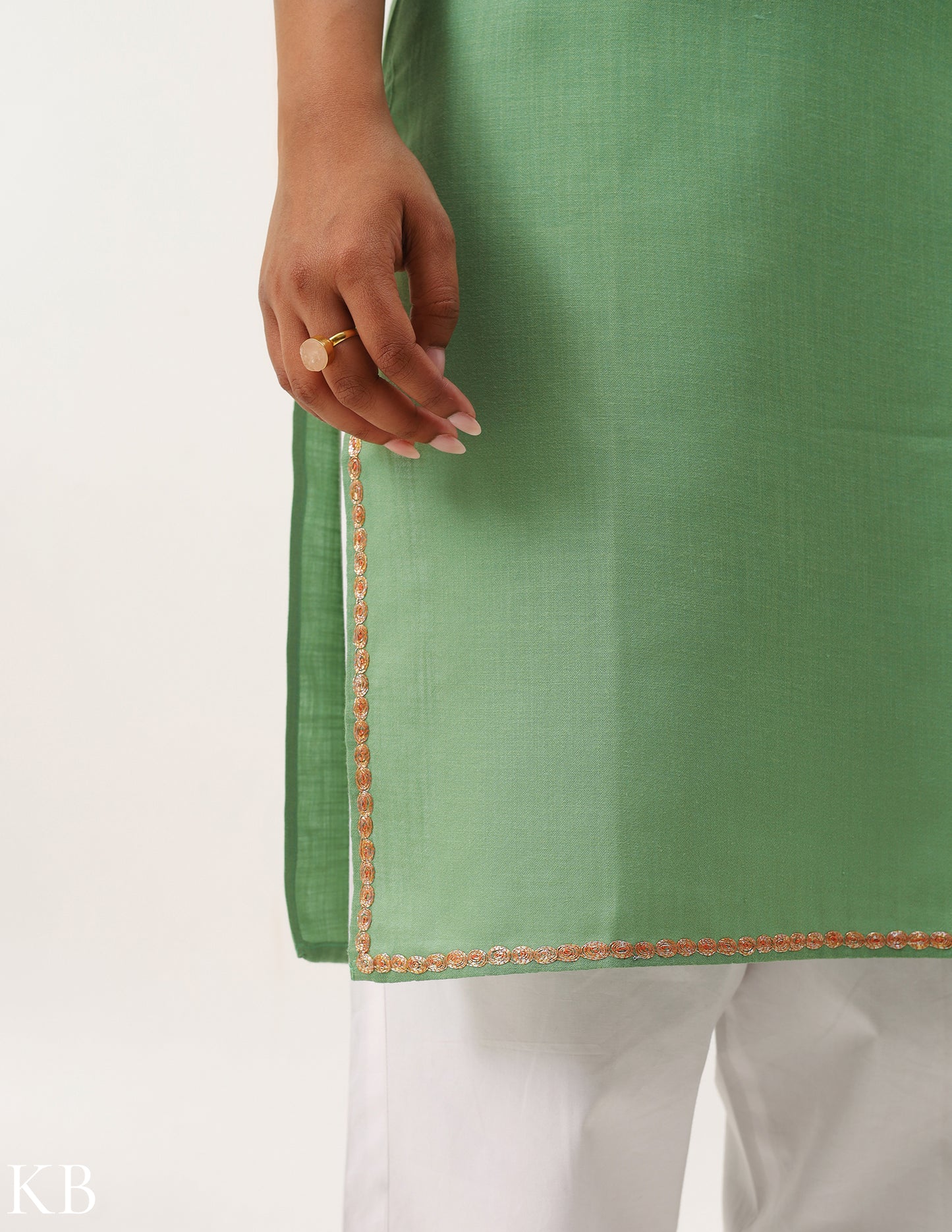 Seafoam Green Tilla Embroidered Cotton Kurti - Kashmir Box