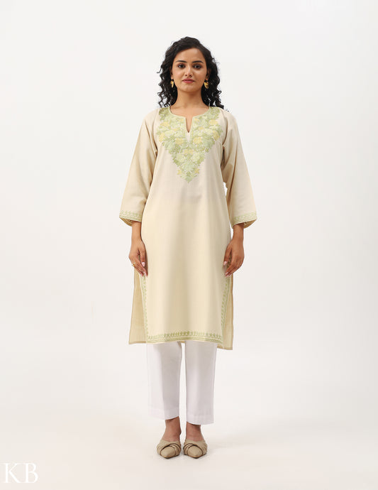 Floral Green-toned Embroidered Cream Cotton Kurti - Kashmir Box