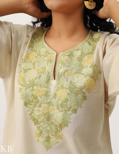 Floral Green-toned Embroidered Cream Cotton Kurti - Kashmir Box