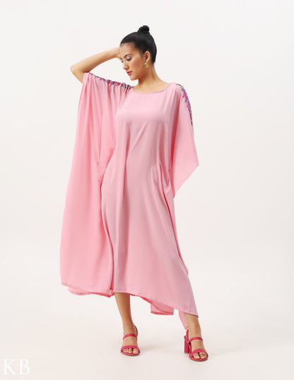 Azafran Hand Embroidered Pastel Rosy Pink Crepe Summer Kaftan - Kashmir Box