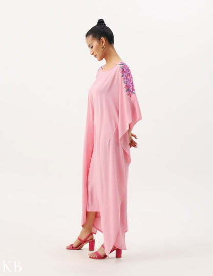 Azafran Hand Embroidered Pastel Rosy Pink Crepe Summer Kaftan - Kashmir Box