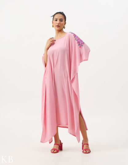 Azafran Hand Embroidered Pastel Rosy Pink Crepe Summer Kaftan - Kashmir Box
