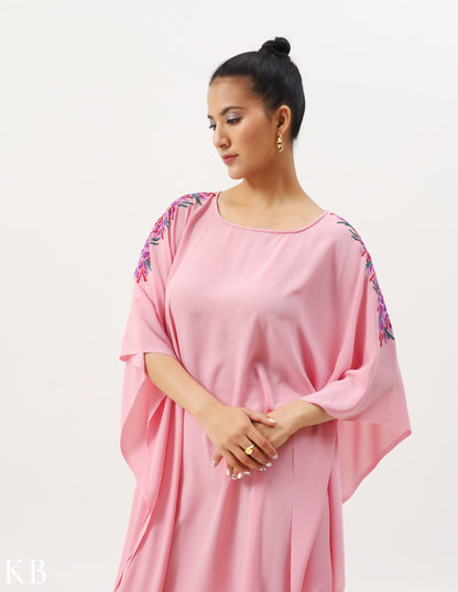 Azafran Hand Embroidered Pastel Rosy Pink Crepe Summer Kaftan - Kashmir Box