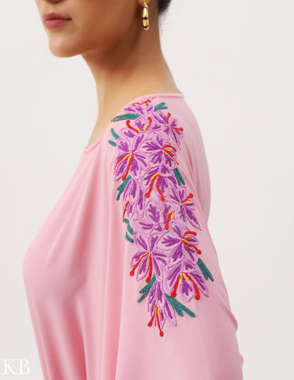 Azafran Hand Embroidered Pastel Rosy Pink Crepe Summer Kaftan - Kashmir Box