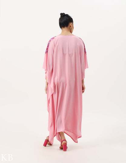 Azafran Hand Embroidered Pastel Rosy Pink Crepe Summer Kaftan - Kashmir Box