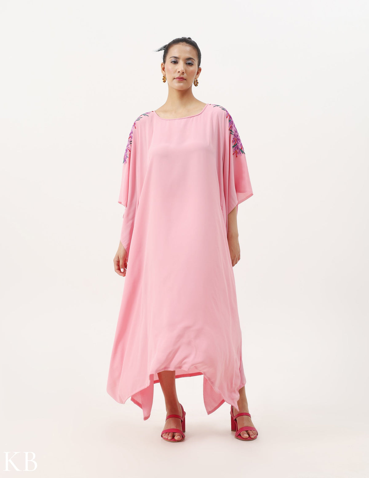 Azafran Hand Embroidered Pastel Rosy Pink Crepe Summer Kaftan - Kashmir Box