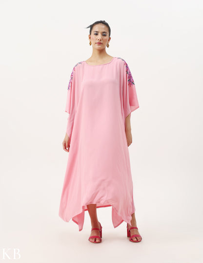 Azafran Hand Embroidered Pastel Rosy Pink Crepe Summer Kaftan - Kashmir Box