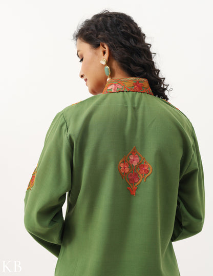 Olive Green Aari Embroidered Cotton Co-ord Set - Kashmir Box