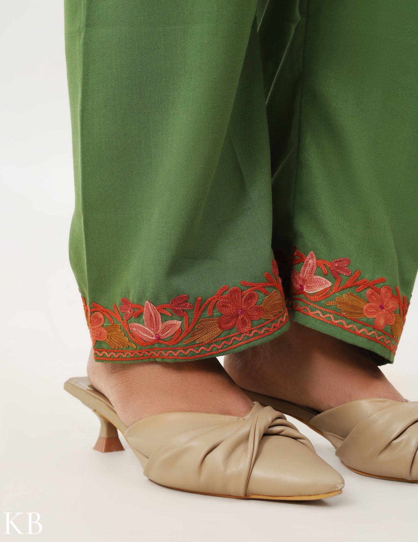 Olive Green Aari Embroidered Cotton Co-ord Set - Kashmir Box