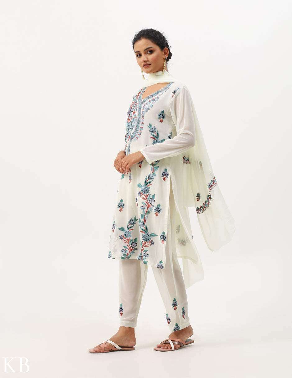 Women Cotton Suits with Kashmiri Hand Embroidery Two Piece Suit - Olive Green